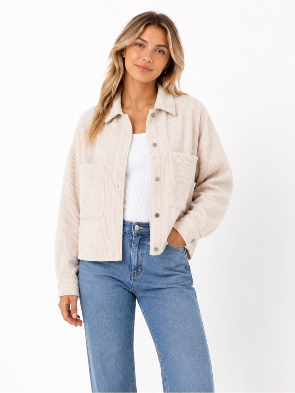 Angel Kiss Cream Textured Corduroy Jacket Oversized Button Jacket M